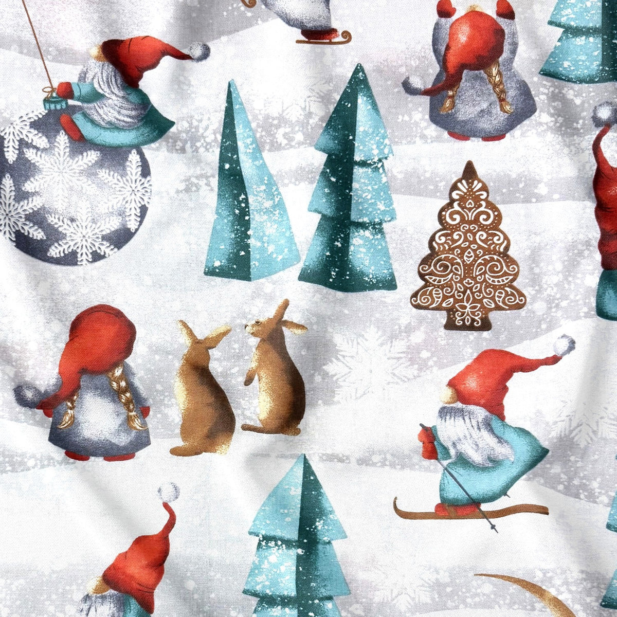 Katoenen stof - Kerstkabouters en bomen II