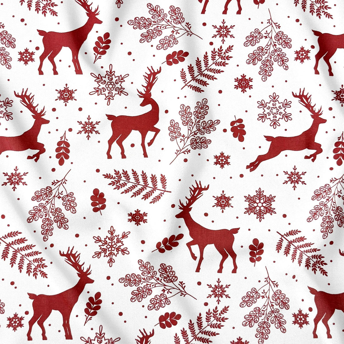 Katoenen stof - Kerstsneeuwvlokken en rendieren, wit