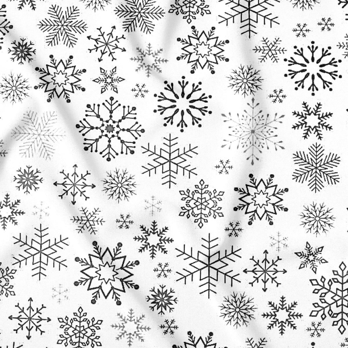 Katoenen stof - Antracietkleurige sneeuwvlokken op witte achtergrond