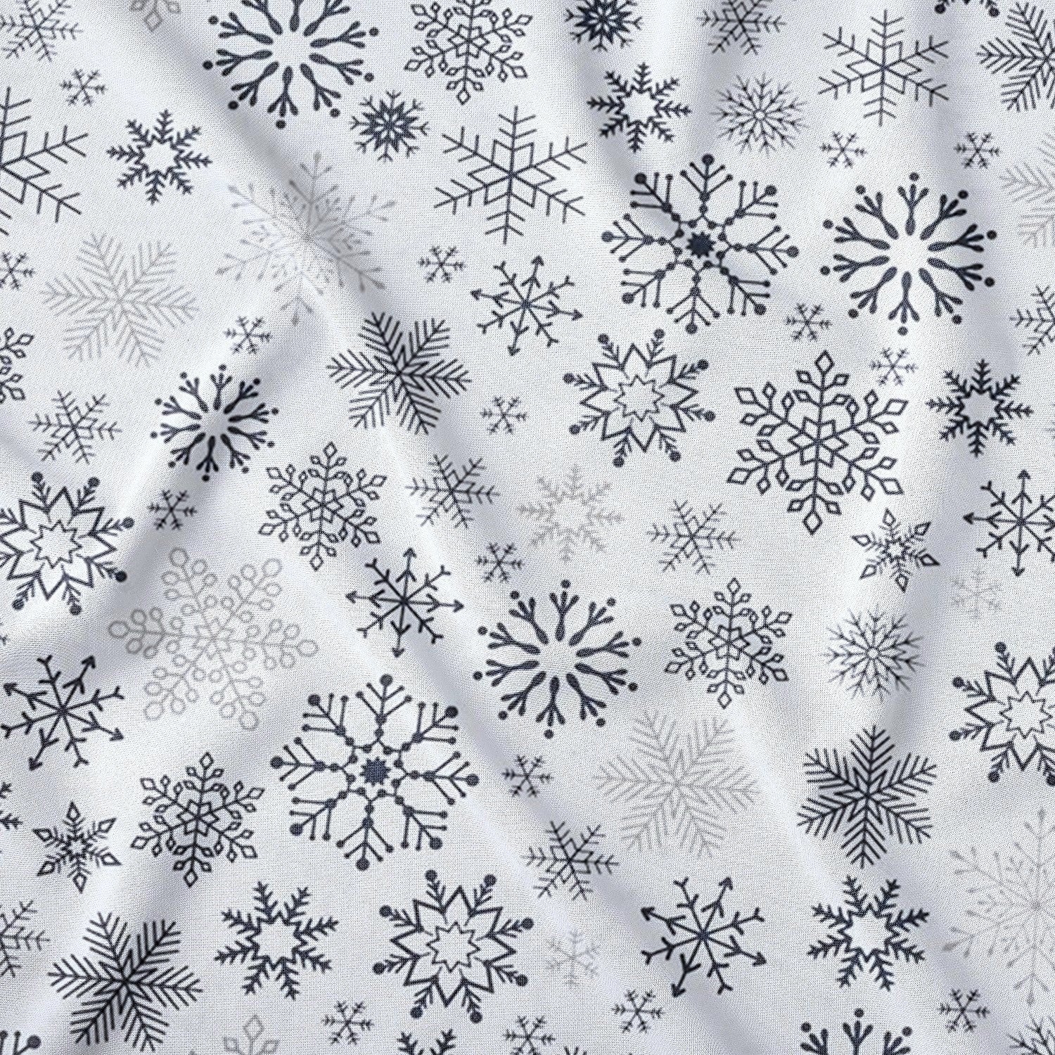 Katoenen stof - Antracietkleurige sneeuwvlokken op witte achtergrond