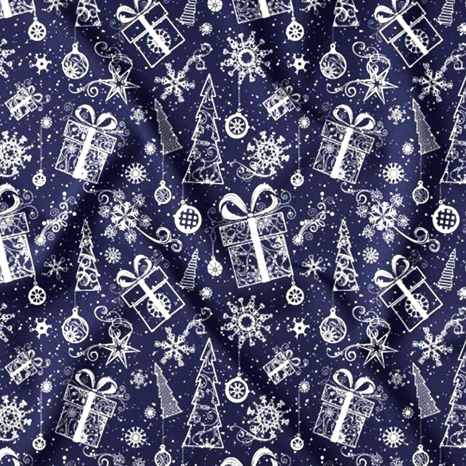 Cotton Fabric - Christmas trees, snowflakes, and presents in navy blue