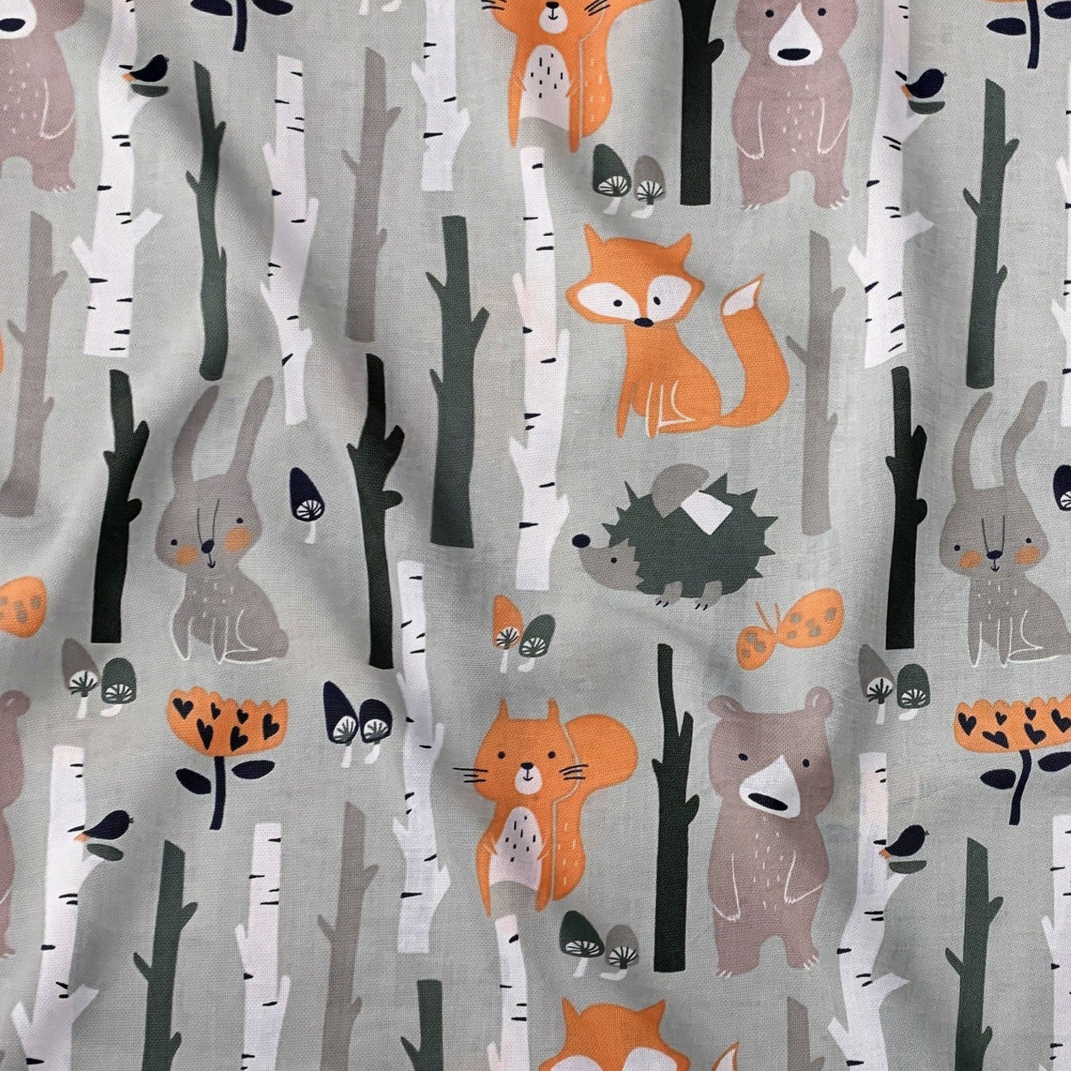 Cotton Fabric - Forest Animals Grey