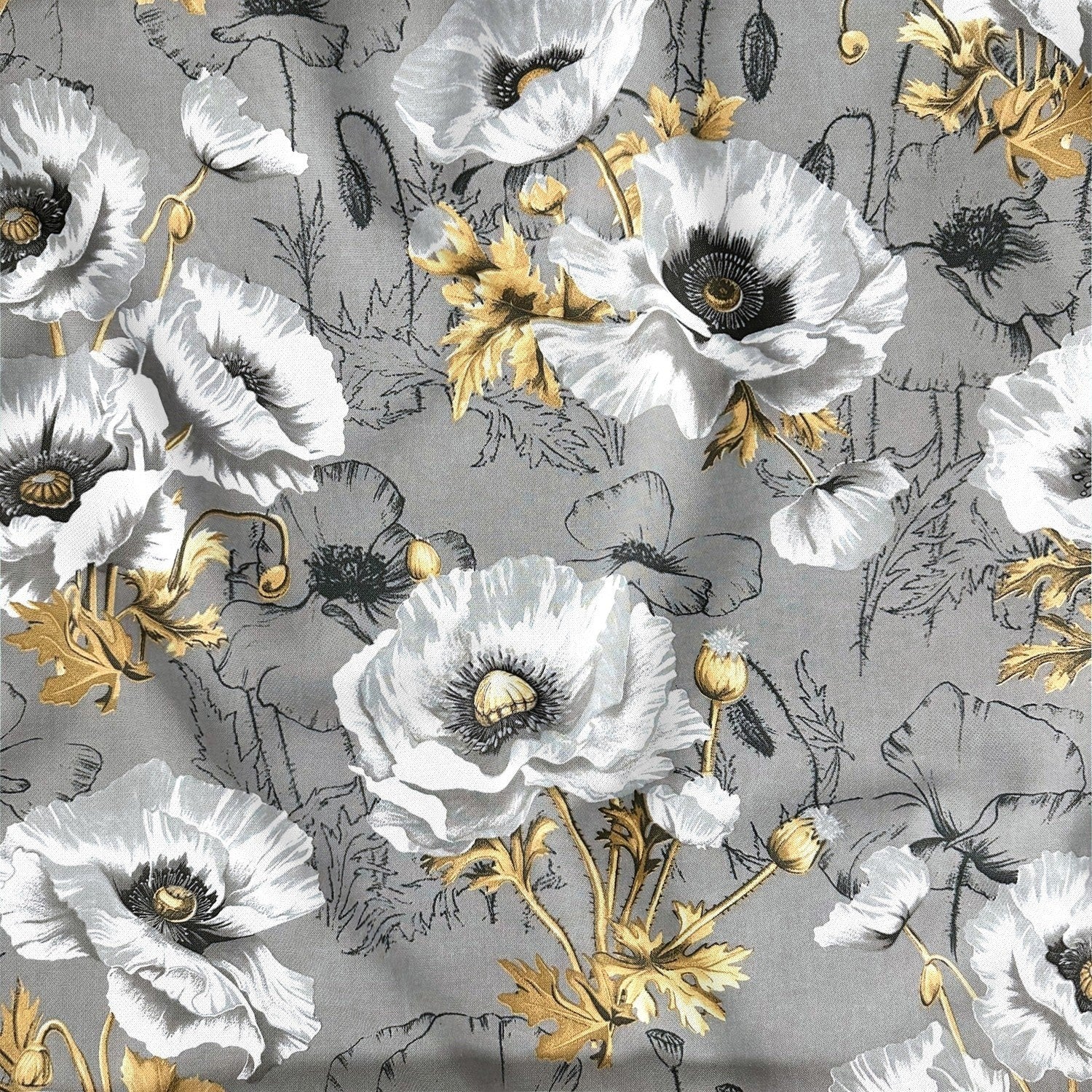 Cotton Fabric - Gray Poppies