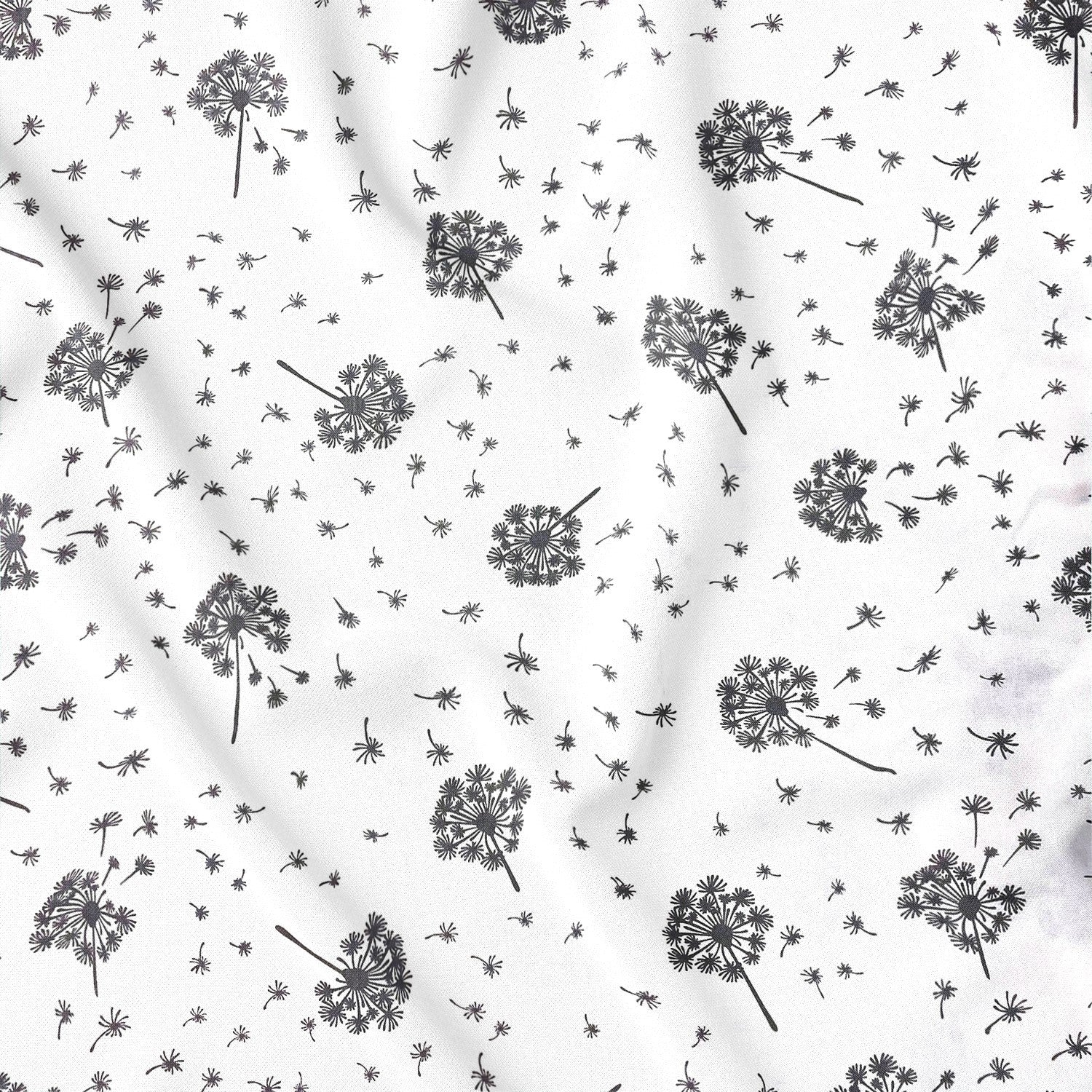 Cotton Fabric - Grey Dandelions on White
