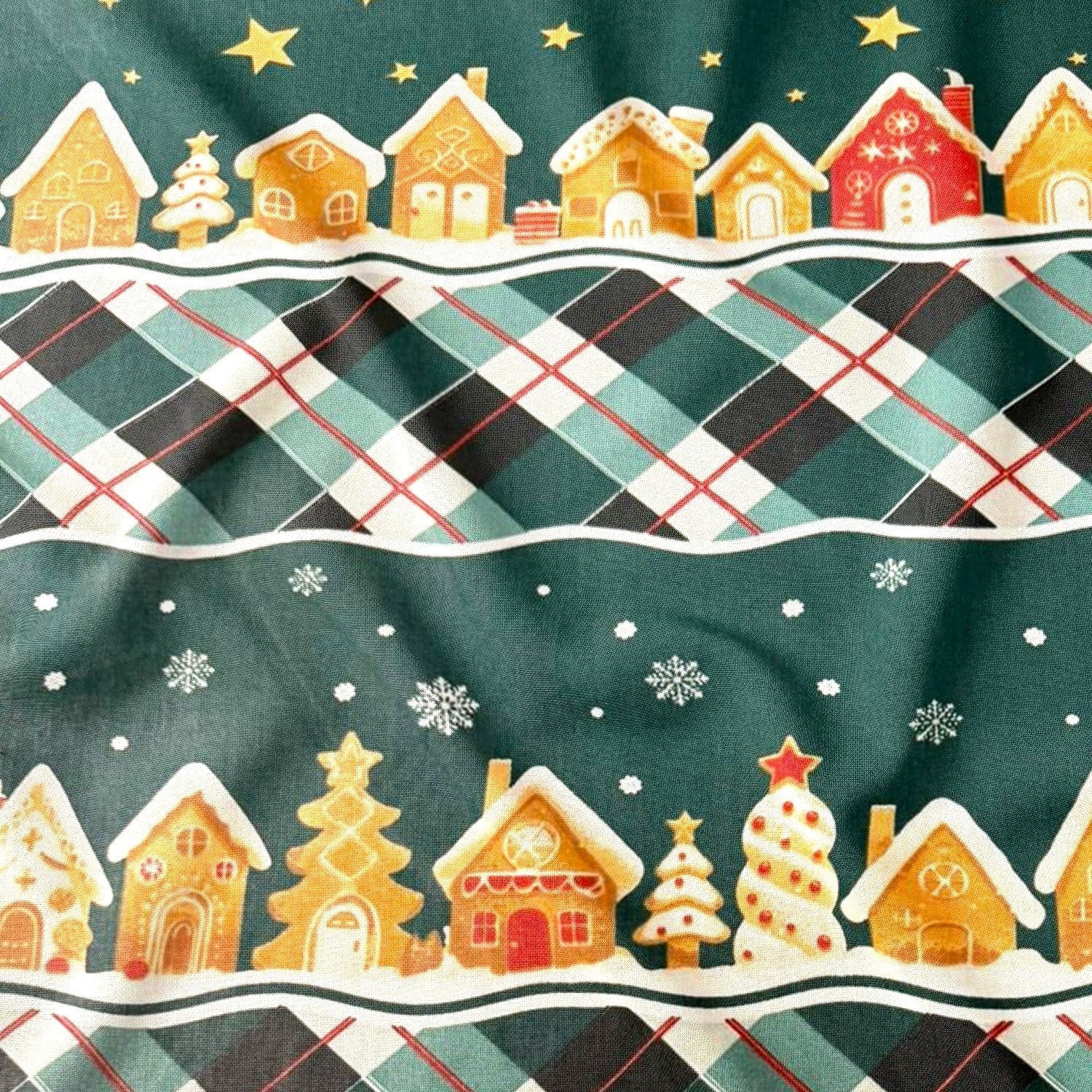 Cotton Fabric - Christmas decorative houses, bottle green - PINaPIN